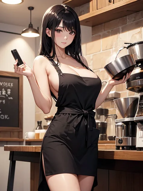 全裸のwomanのバリスタ、woman、Brewing coffee at the cafe 、 naked with only Garson apron clothes、 big breasts,The long black hair is put together