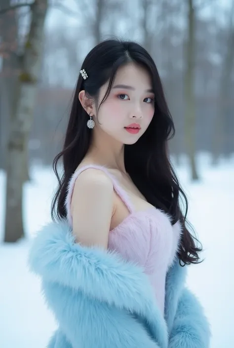 Beautiful asian women with long black straight hair, 20 years old,sexy, wearing a cute fur light baby blue pink cute dress, hair accessories,  jewelry,  earrings, beautiful scenery, big breasts,  big , busty ,cat eye make-up,  beautiful eyes , full body sh...