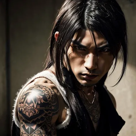 1 man, Japanese man, male, Asian eyes, eyes color white, muscular, broad shoulders, yakuza tattoos, hairstyle Visual Kei style, hair Visual Kei, black men's shirt and black pants, ultra detailed face and eyes, hyperrealistic, realistic representation, long...