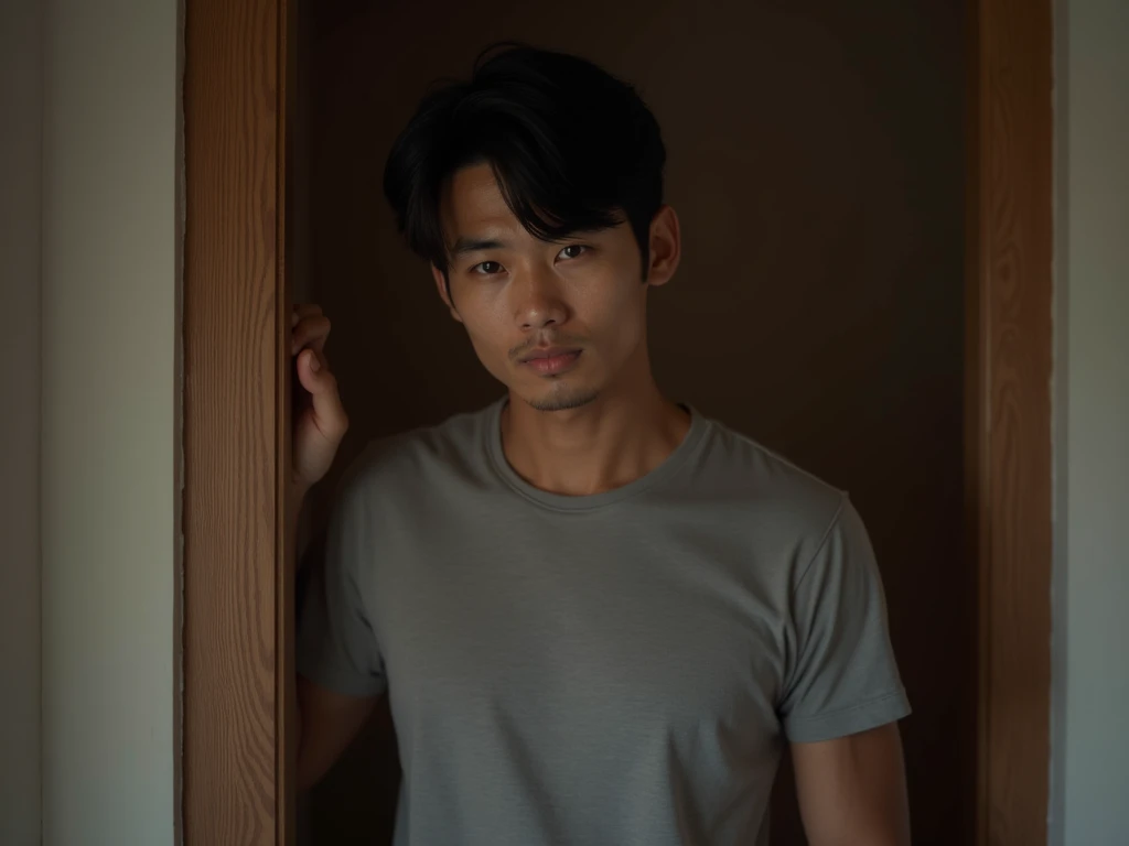 Very handsome Asian man wearing a grey T-shirt, bowing his face, standing knocking on room door, wooden door