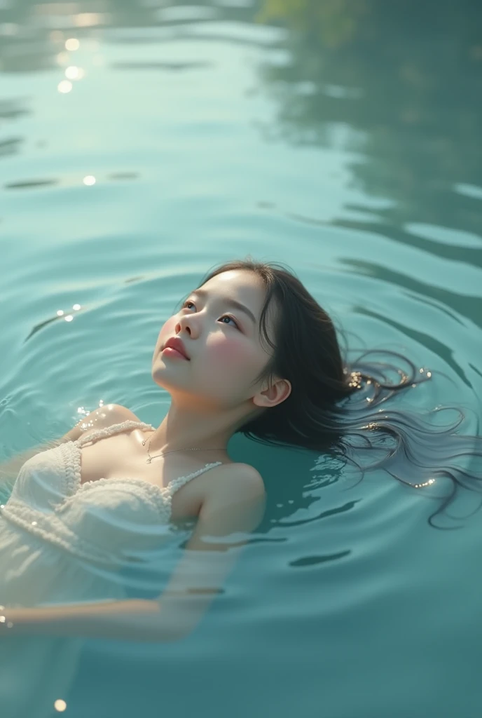 Create a realistic girl in the water looking at the sky floating