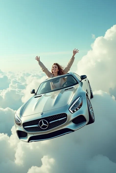 A woman on Mercedes car driving to the sky with joy