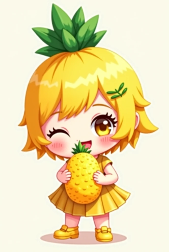 Create a cute chubby chibi girl. Hair will be short and dye yellow and green like a pineapple. Dress a cute  dress. Shoe is also yellow. Holding a ripe pineapple . Face will be a bit pinkish and smiling with an eye smile. An adorable style pose. 

