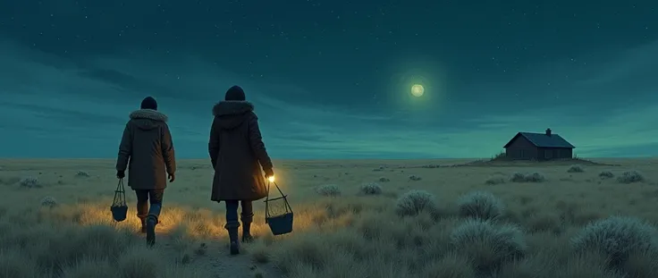 surreal illustration of an arid steppe landscape at night, with a man and woman dressed in warm clothes walking through the dry grass. They carry nets and flashlights, searching for something mysterious. The scene has a haunting, dreamlike feel, with the f...