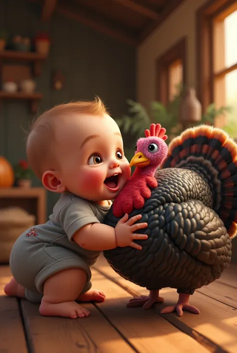 American baby kissing turkey with huge smile on his face