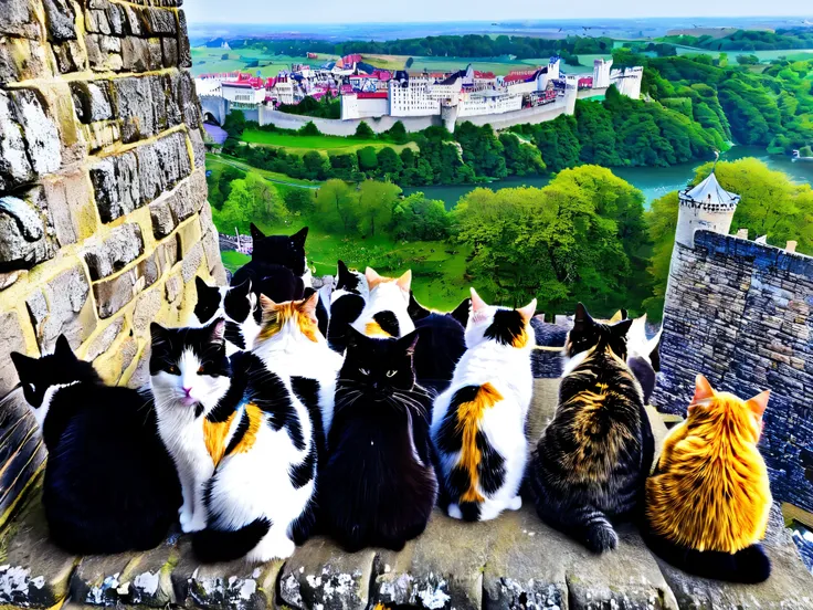 Lots of cats lined up on the castle wall　 looking over here