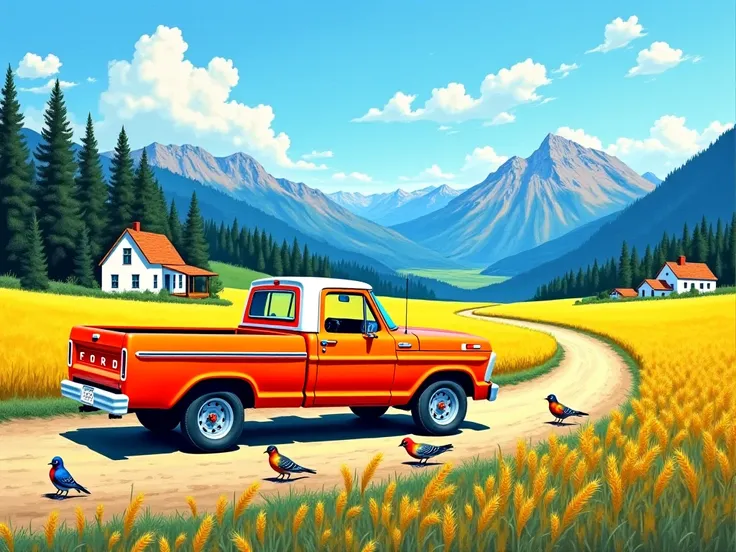 Create a high-quality masterpiece in the style of an oil painting by Vincent Van Gogh. Background: blue sky, colorful clouds, high mountains with snow-capped peaks, coniferous forest, tall green wheat field, dirt road. Foreground: (((1: vintage orange Ford...