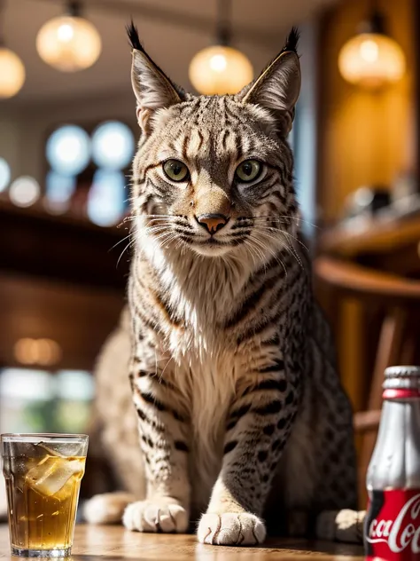 a close-up portrait of a lynx at restaurant having a giant burguer and a glass of Coca-Cola, detailed fur, intricate whiskers, intense eyes, soft lighting, realistic, photorealistic, high quality, 8k, best quality, ultra-detailed, professional, vivid color...