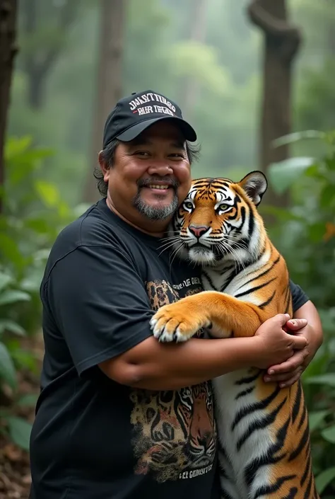 Txt2Img Studio 19  :16 pia indonesia  ,rather chubby  , 40 years old , wear a black sports hat  , tiger print t-shirt , hugging a tiger in the middle of a lush forest in the beautiful nature of Mount Merapi.looks natural 