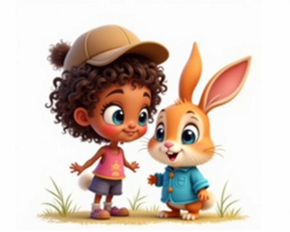 Imagine a girl cartoon character,  , curly hair , blue eyes, dusky skin clr , a cute rabbit with wearing blue shirt and brown cap , white background 