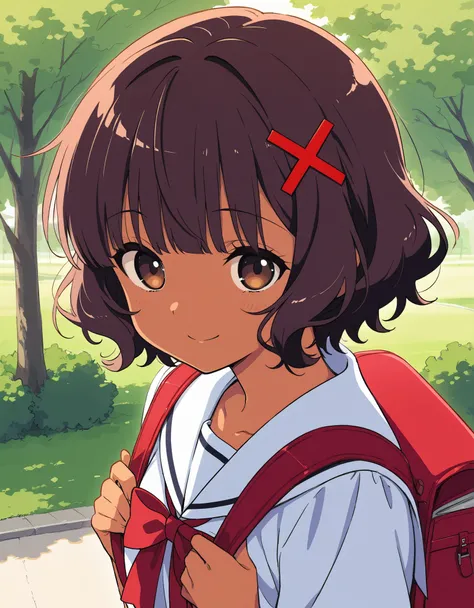 masterpiece, best quality, score_9, score_8_up, score_7_up, score_6_up, score_5_up, score_4_up, source_anime, 1girl, wavy hair, short hair, dark brown hair, brown eyes, straight bangs, brown skin, red x hair ornament, wearing japanese sailor school uniform...