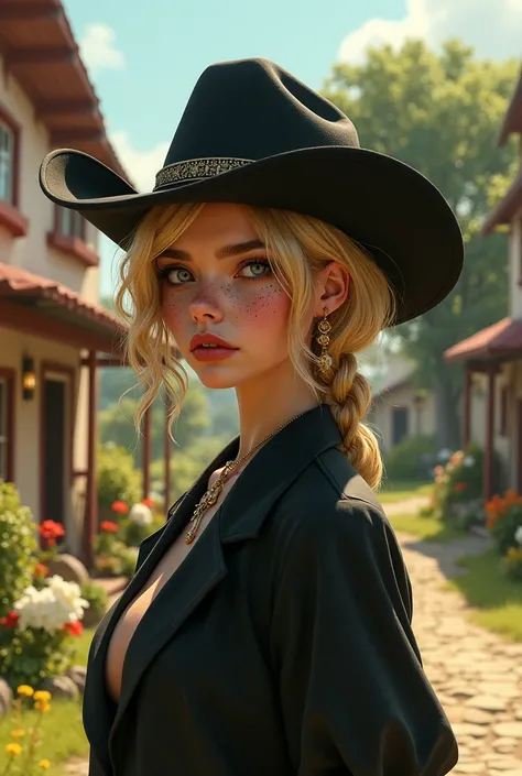 A 23-year-old white woman with blond and black streaked hair with freckles looks like a villain's half-light eyes wearing a cowboy hat on a Disney Pixar-style ranch