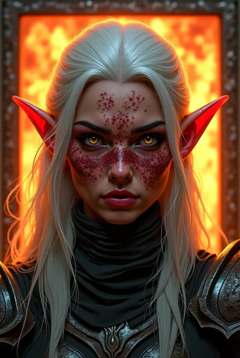 A 35-year-old elf woman stands in full face in armor on her bib, a square with fire inside , she has white hair and yellow eyes, half of the face has a burgundy tint and a wrinkled texture 