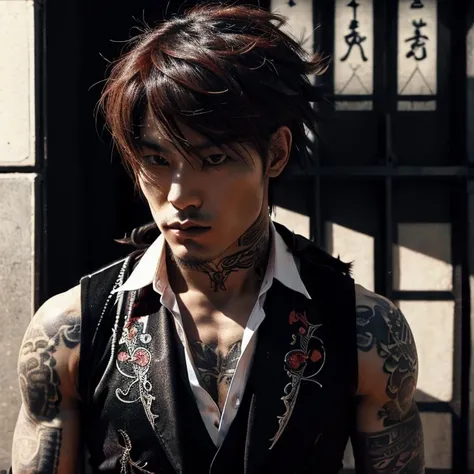 1 man, Japanese man, male, Asian eyes, eyes color white, muscular, broad shoulders, yakuza tattoos, hairstyle Visual Kei style, hair Visual Kei, black men's shirt and black pants, ultra detailed face and eyes, hyperrealistic, realistic representation, long...