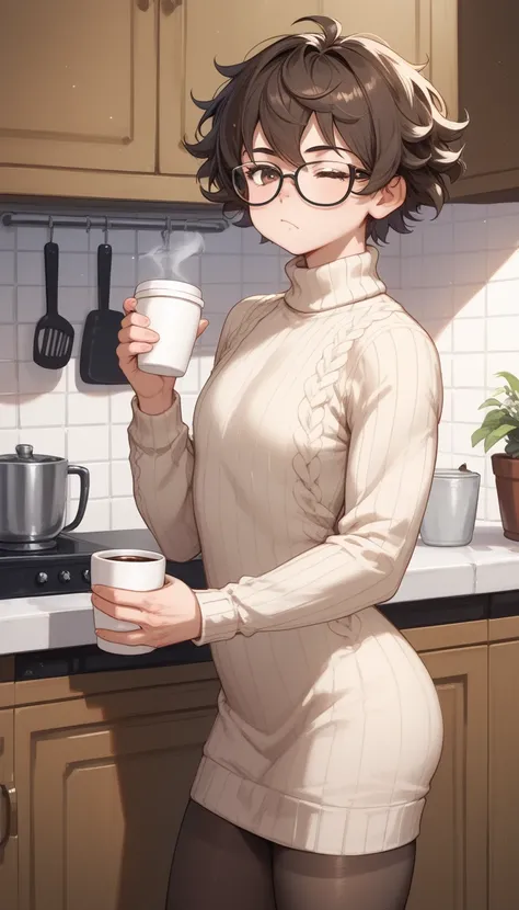 Cute tomboy girl, Flatchested, droopy brown eyes, Beige knit sweater-dress, turtleneck, black tight pantyhose, bulged muscles, cute rounded face, glasses, short very messy dark brown very shaggy disheveled hair, sleepy face expression, with cup of coffee i...