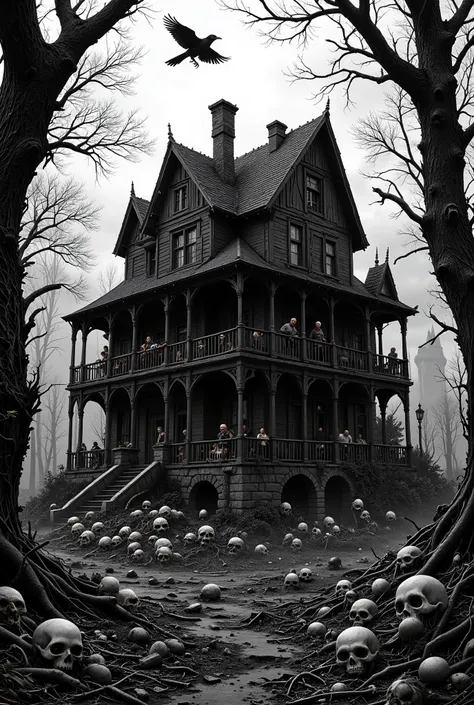 make a design black and white, a house from roots in the middle of the forest, haunted, scary, crows, lots of skulls, horns, the picture shows a haunted house surrounded by skulls, giving a horror feel, crow mythology, destroyed, closed up home , depth of ...