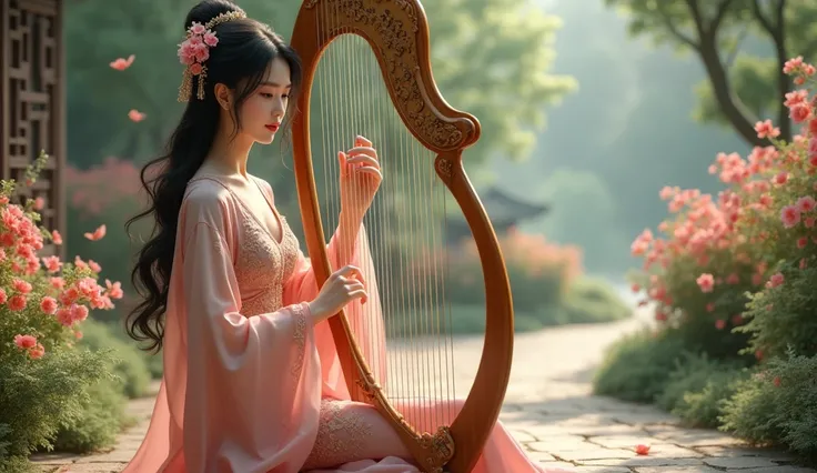 Beautiful Chinese lady wear show very big breasts playing a Chinese Real harp instrument in beautiful garden full of flowers.