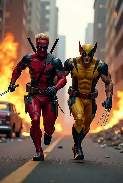  A handsome man , face ,blond,wearing a pink deadpool costume ,hand holding a sword and a handsome man, face , wearing a yellow wolverine costume is pulling out iron claws, was running along past a huge blaze,  looking ahead , road background,  destroyed m...