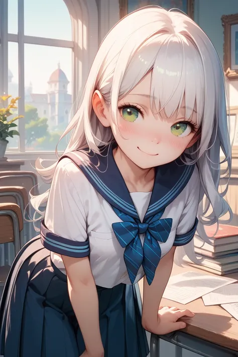 ((best quality)), ((masterpiece)), (detail), 1 girl, fair skin, white hair, bangs, long hair, bright green eyes, small breasts, petit, shy smile, blush, school uniform, leaning forward, 