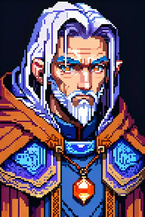 
Create a pixel-art portrait in a classic SNES RPG style, designed for dialog scenes. The artwork should depict the upper body of Zander, a sorcerer, from the head to the waist, slightly angled to the left for natural conversation mirroring.

Zander is a h...