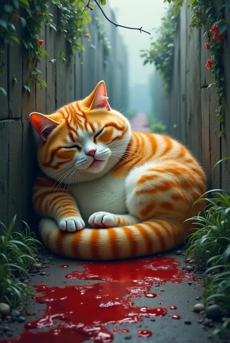 The big belly cat are  sleeping in the path of blood in between the road and heavy vehicles are passing near by