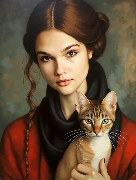 a young woman and a cat, beautiful detailed eyes, beautiful detailed lips, extremely detailed eyes and face, long eyelashes, cute cat, beautiful dress, elegant pose, vibrant colors, warm lighting, intricate background details, oil painting, cinematic, high...