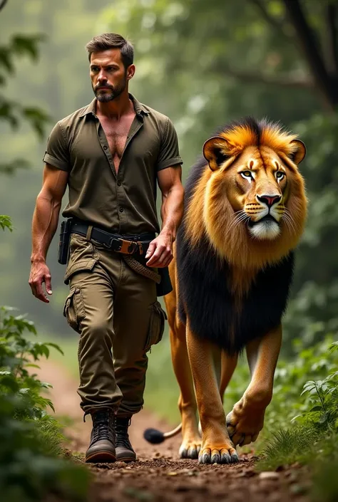 A handsome man walks with a lion