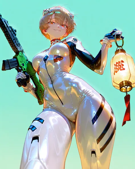        8k wallpaper、masterpiece、最 high quality    、 high quality      、 high detail、、          absurd,  Latest,               female 1 person、Rei Ayanami,  Interface Headset,  white bodysuit、 Lantern、 wide hips    、     protruding thighs 、    assault rifle...