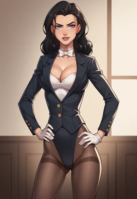 safe_pos, PonyXLV6_Scores BREAK ((parody style, parody), perfect anatomy, perfect eyes, cowboy shot), BREAK zatanna, black hair, blue eyes, flirting, raised eyebrow, ((looking back at viewer)), bowtie, cleavage, jacket, coattails, leotard, pantyhose, white...