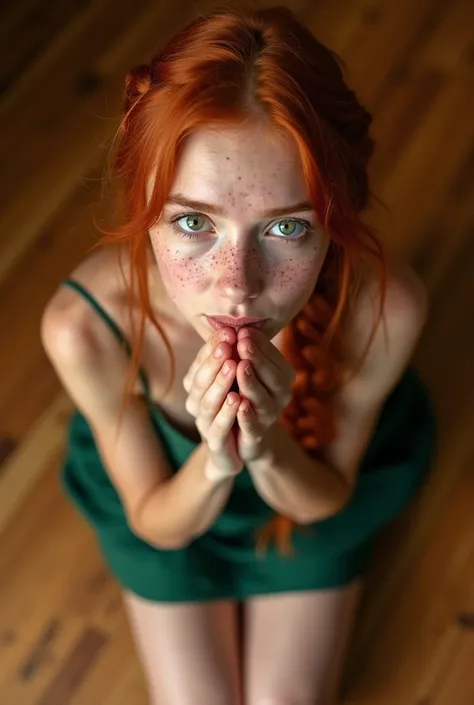 a beautiful young woman with freckles, long red hair in a french braid, her green eyes are open, wearing a very short green dress, kneeling on hardwood floor, the young woman is wiping her mouth in a flirtatious manner, viewed from above