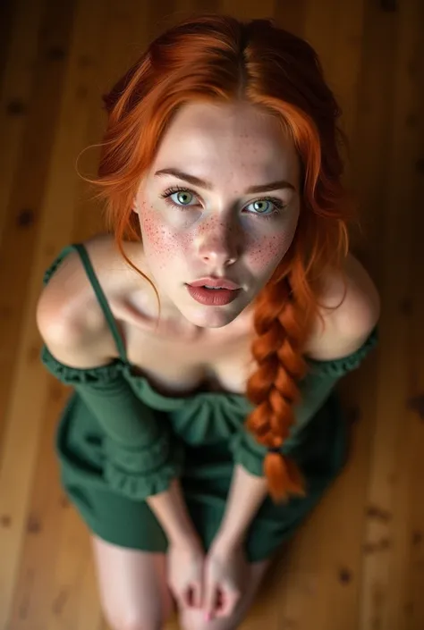 a beautiful young woman with freckles, long red hair in a french braid, her green eyes are open, wearing a very short green dress, kneeling on hardwood floor, the young woman is wiping her mouth in a flirtatious manner, viewed from above