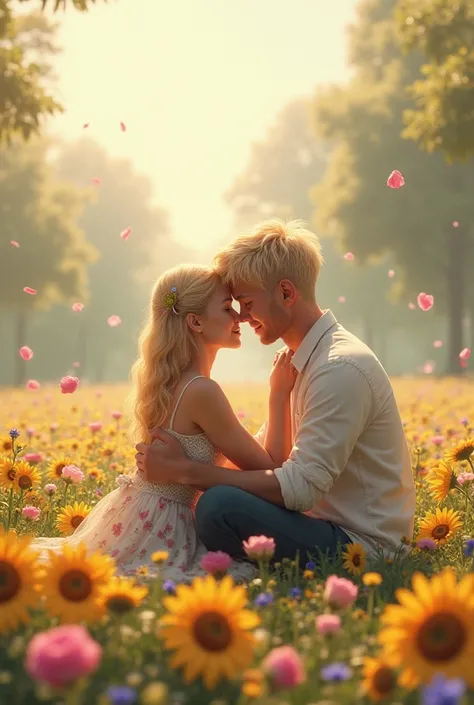 Make an image of my friend Ph and his blonde wife loving each other on a flower lawn