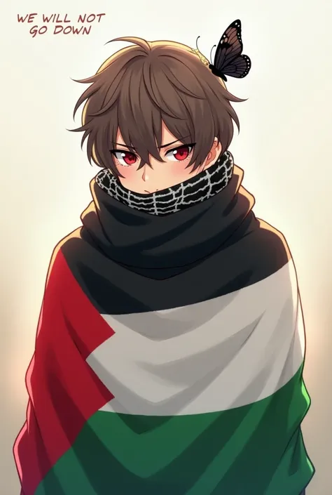 An anime-style digital illustration of a adult man person wrapped in a Palestinian flag, covering most of their body. The character has short brown hair and deep red eyes, with a solemn yet determined expression. They wear a black-and-white keffiyeh scarf ...