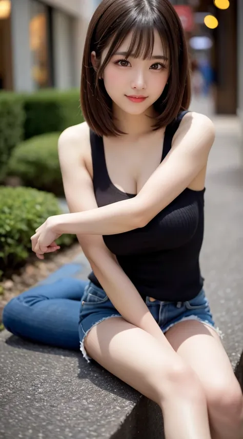   beautiful girl,  Very Pretty and Detailed Face ,  laugh shyly, Deep Valley)、Black ribbed knit tank top、 denim miniskirt:1.3), ( big breasts.), Her hair is a bob, ( beautiful face:1.2),  high definition,  is present,  very detailed CG integrated 8K wallpa...