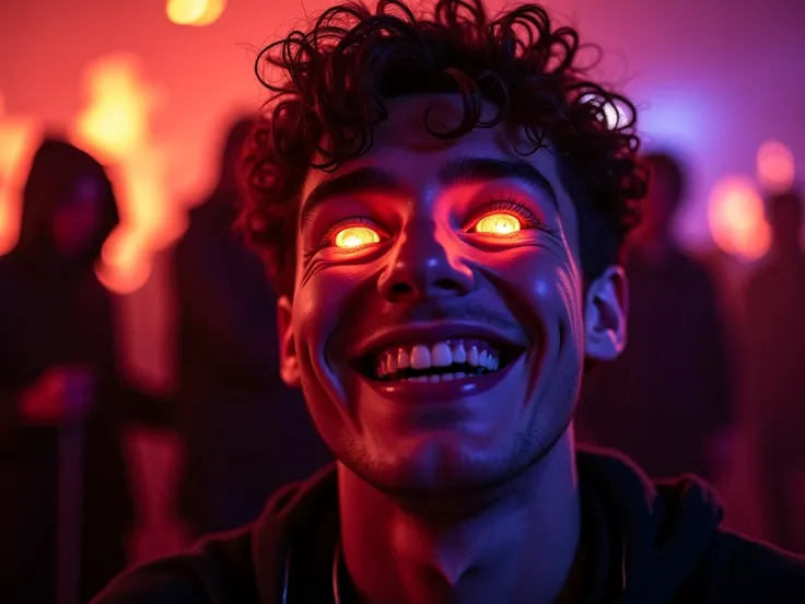 A hyper-realistic, extreme close-up of a young man laughing at a party, his eyes glowing with neon lights. In the reflection of his eyes, demons are seen whispering lies, while behind him, a dark figure in a hood stands, holding chains. The background show...