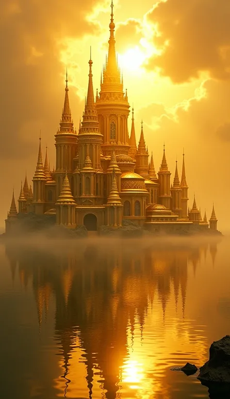 A fantastic and magnificent golden floating city. The city is made up of towers and buildings with detailed carvings, and the entire city shines in gold. The lower part is floating on the water surface, and the reflection of the city is reflected on the wa...