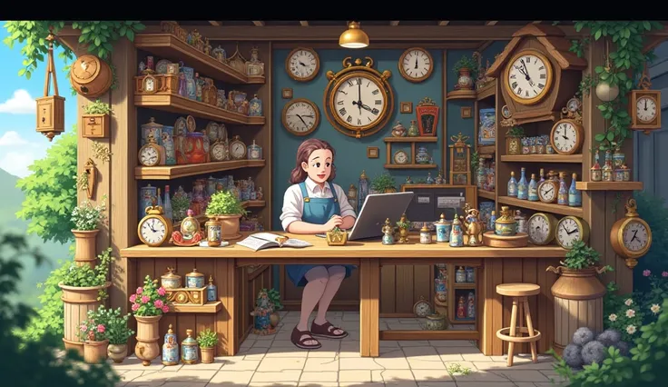 A quaint village setting with a small clock shop. The shop is filled with various clocks of all shapes and Anime style 
