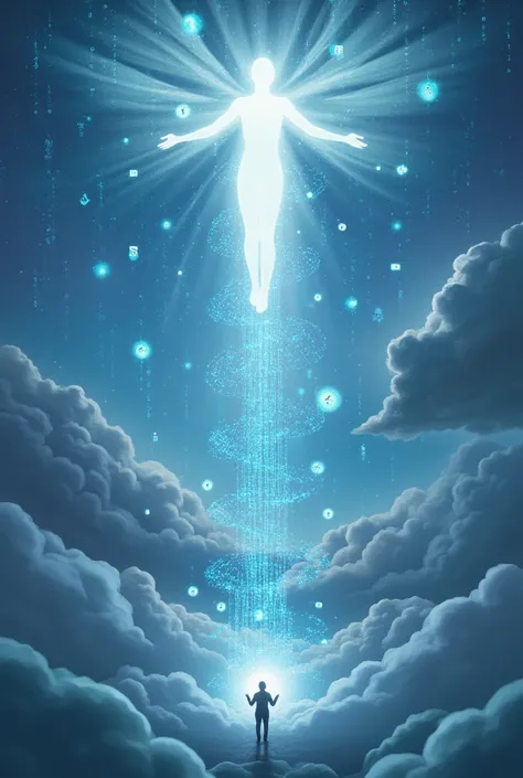  An allegory of a person's soul climbing to heaven in the form of data.  The data is in the form of a binary code and social media logos ...  The soul is received by a computer . clouds,  Celestial Light . Paradise environment .