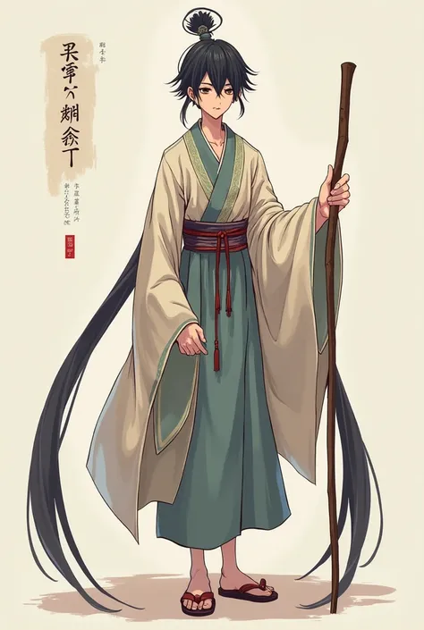 A male anime character with long arms, samples that are abnormally long and holding a stick., with Chinese clothes