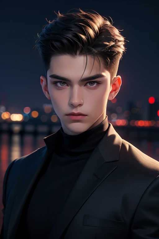 young boy, handsome face, cold gaze, wolfcut hair, gray eyes, wearing bad boy clothes, looking at the viewer, night city background, sharp eye details, sharp face details, body details, make 4k and 8k images