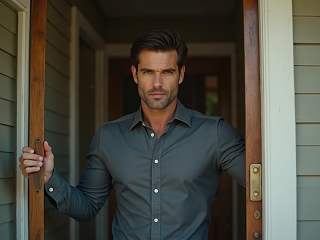 A VERY HANDSOME MAN WEARING A GREY SHIRT IS STANDING KNOCKING ON THE DOOR.