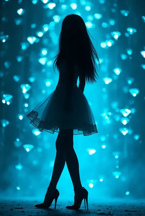 It generates an image that has diamonds in cyan tones and the shadow of the silhouette of a beautiful woman with heels and straight, long hair. 
