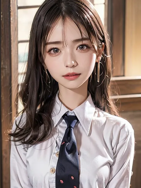 (((shirt blue tie:1.2))), (((upper body))), from the front, (((face focus))), looking at viewer, standing, outdoors, (((nsfw))),
school uniform, (((woman in white button-up shirt, open uniform:1.3))), 
1 girl, cute girl, ((Smiling face, droopy eyes)), slen...