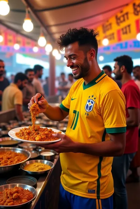  soccer player Neymar Jr .,,  in a bustling Indian street tent .  He savors a large plate of spicy curry with his hands ,  laughing as food slowly drips from his fingers . Around him,  there are excited vendors calling customers ,  while colorful Hindi sig...