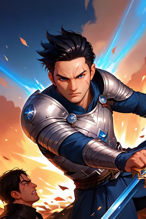  a JAPANESE man with LONG black hair tell of a gradient with a scar on his eyebrow, with blue eyes, wearing black armor with blue diamond stones ( The man is fighting with swords in a battle) 