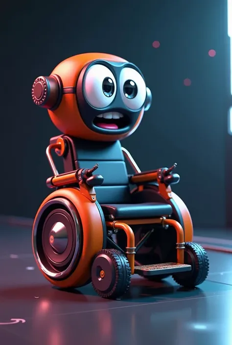 A 3D character in Pixar/Disney style that is a charming fusion between a wheelchair and a mascot. The character has large, expressive eyes on the upper part of the backrest, conveying friendliness and energy. Its mouth is smiling and animated, giving it a ...