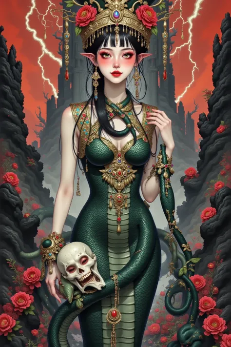 Scary Cleopatra ，skull crown ，  snakeskin dress  ，  black python scarf，  red eyes。Suspended buildings，tower，peony，lightning