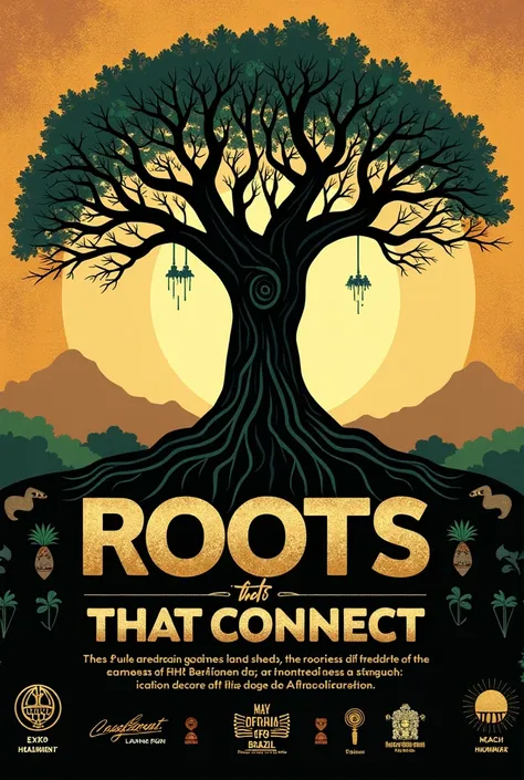 Create an image with the following details : Campaign " Roots that Connect "

 - Image :  Stylized illustration of a baobab with deep roots and branches that extend upwards.
- Cores:  Color palette that includes black-ebony , Gold-metal ,  earth-brown and ...