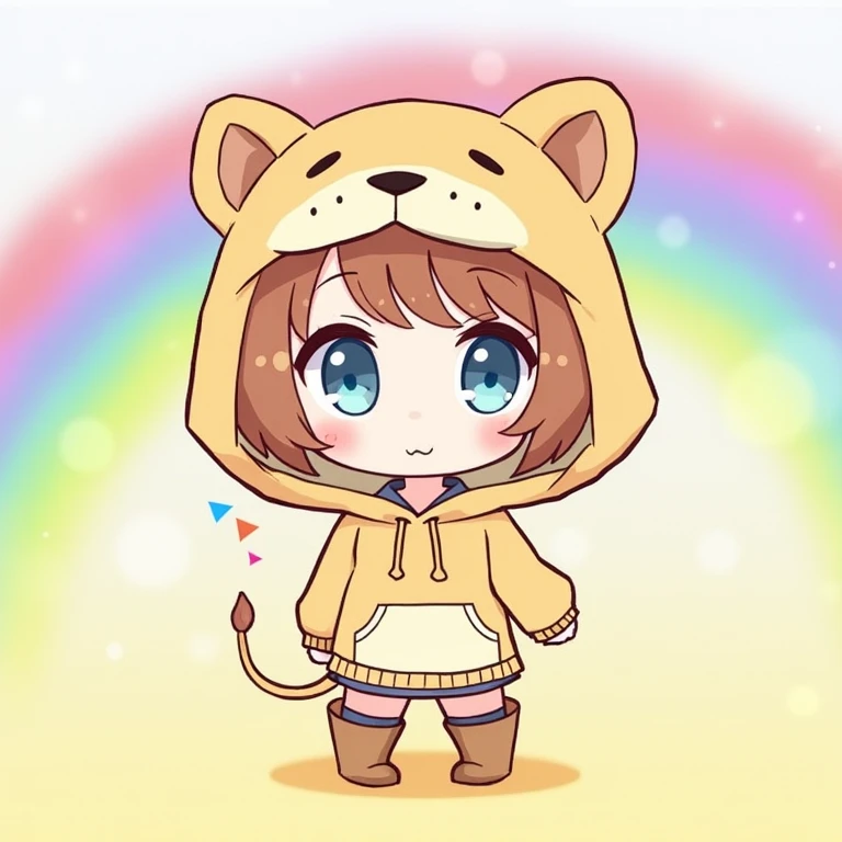 girl wearing lion ear hood 、 girl wearing lion costume hoodie、Parker、 boots🥾、nyaruko-san,  chibi!!!   Neferpitot,  chibi,  Maple Story , 、 chibi,    senko-sa  , kawaii  chibi,  minimalist、 chibiキャラ、 mini characters、The background is a colorful rainbow 、 bo...