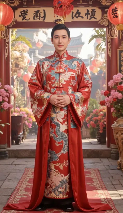 , 1 man ,Wear a Chinese dress on Chinese New Year